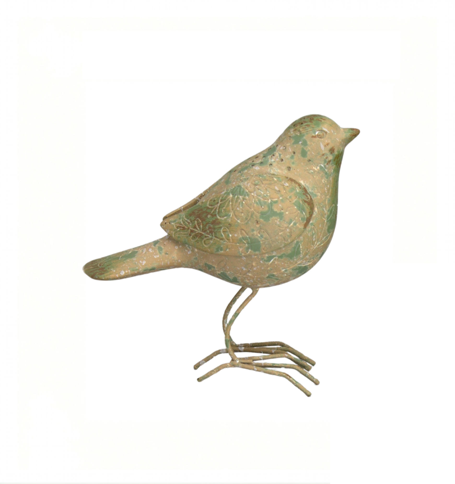 6" tall resin bird standing on wire legs, light green aged finish