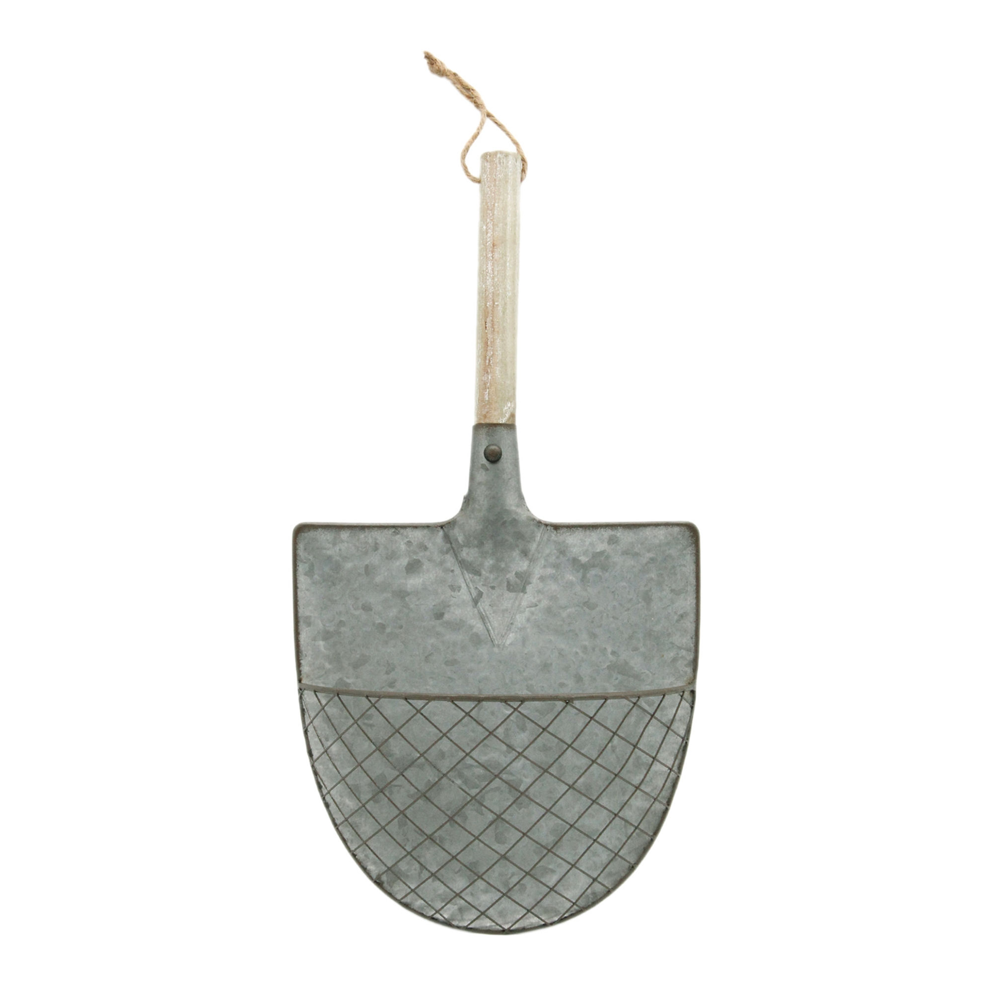 9.5" x 4" x 18.25" galvanized shovel, wood handle, wire pocket on front of shovel, jute loop to hang, hang on wall or door