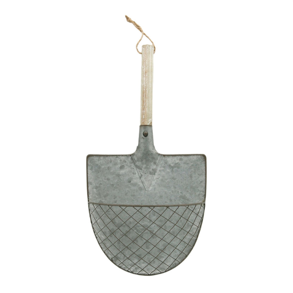 9.5" x 4" x 18.25" galvanized shovel, wood handle, wire pocket on front of shovel, jute loop to hang, hang on wall or door