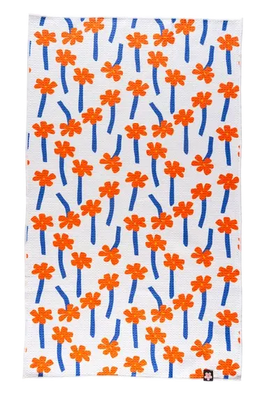 18"X30" towel, 100% microfiber Double sided print Waffle Weave knit construction makes this towel absorb 7 times its weight