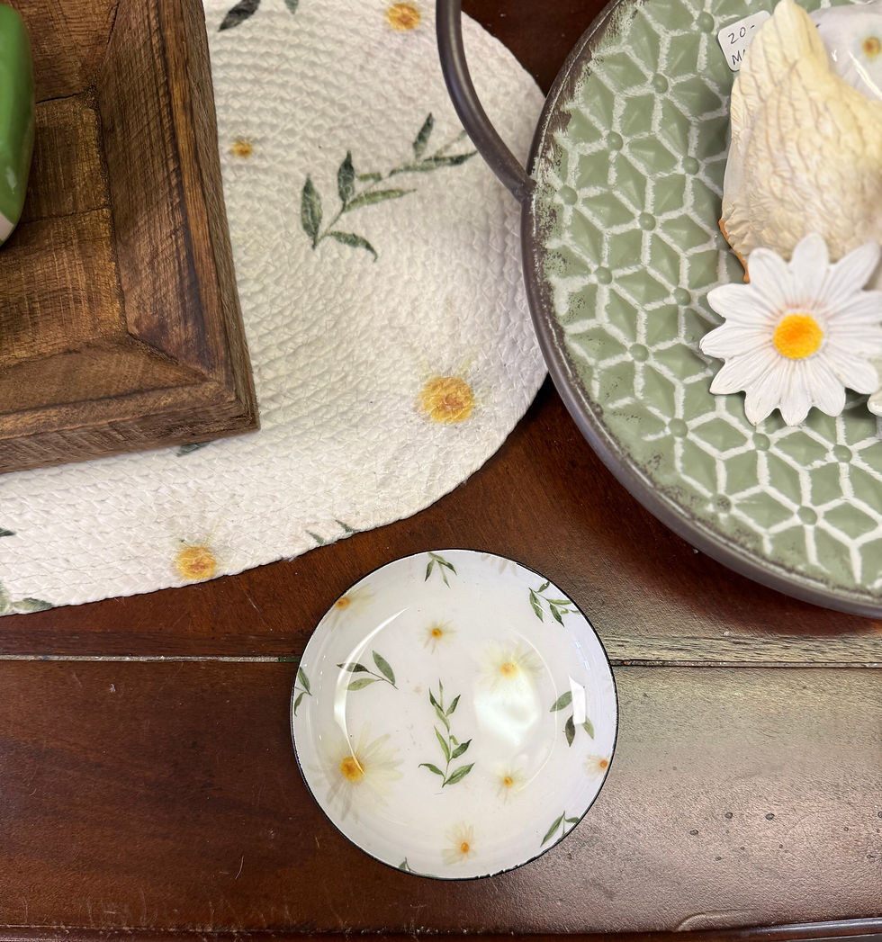 4" metal plate with enamel inlay, white background with white daisy print, use as trinket dish or votive candle holder