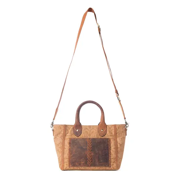 Thumbnail: 14" x 8.75" crossbody, 30" shoulder drop adjustable strap, double handles, canvas & leather, embossed details, Myra bag brand