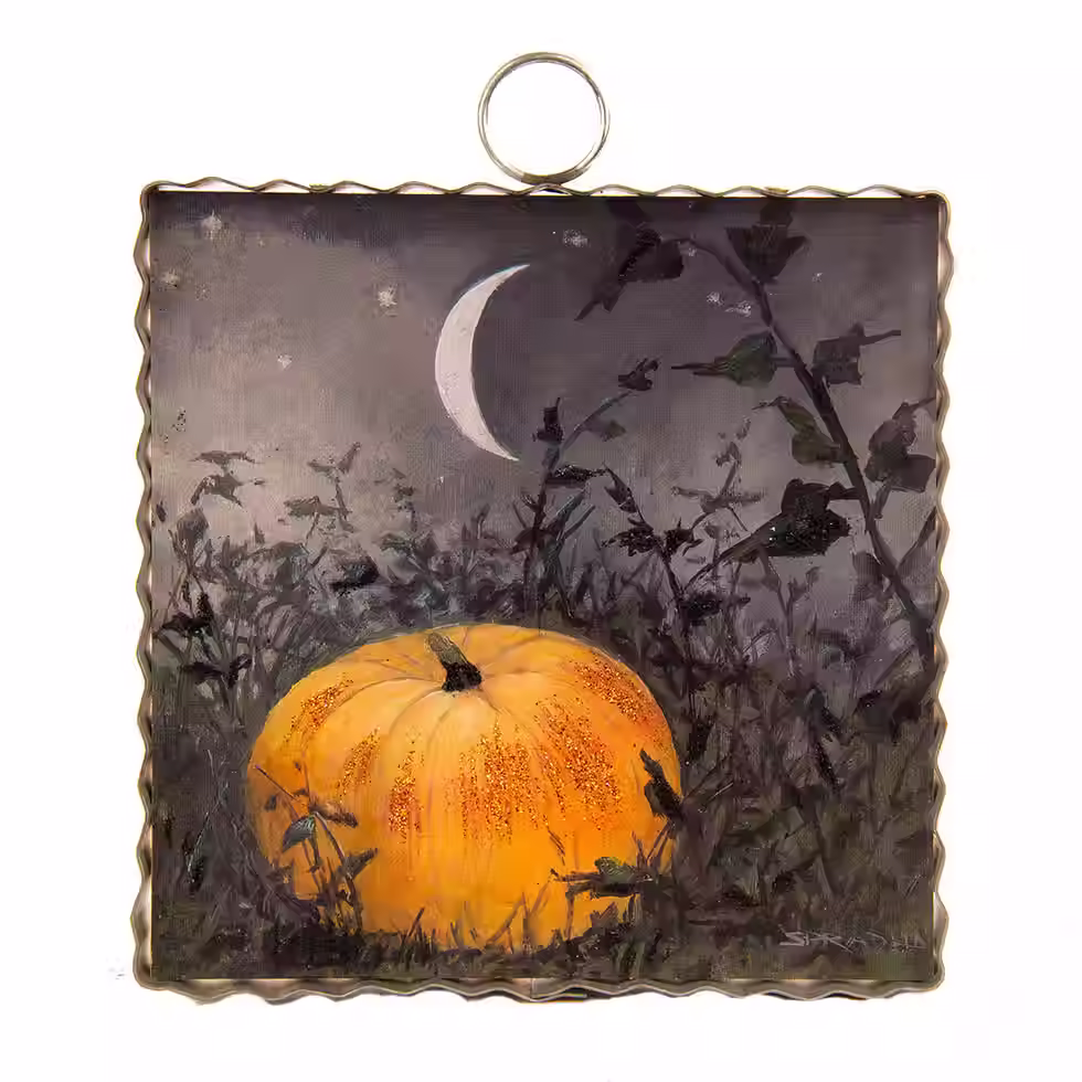 6" x 1" x 7" Round Top Collection print of an orange pumpkin at night in pumpkin patch, corrugated metal frame, ring on top