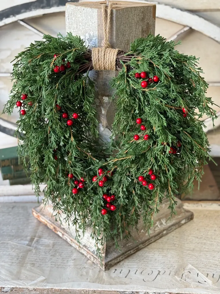 20" Emerald Celebration Hanging Wreath, soft touch greenery, draping nature, rich color dashed with bright red berry sprigs