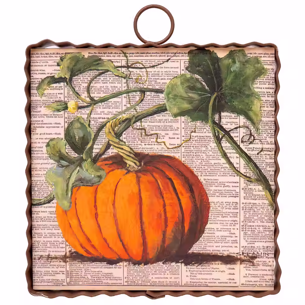 6" x 1" x 7" Round Top Collection print of an orange pumpkin on the vine, corrugated metal frame, ring on top for hanging