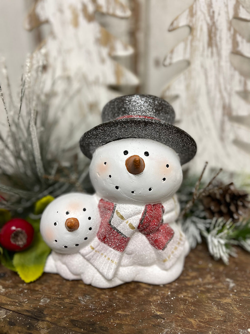 Ceramic snowman head figurine wearing top hat and striped red scarf. Baby snowman head on side