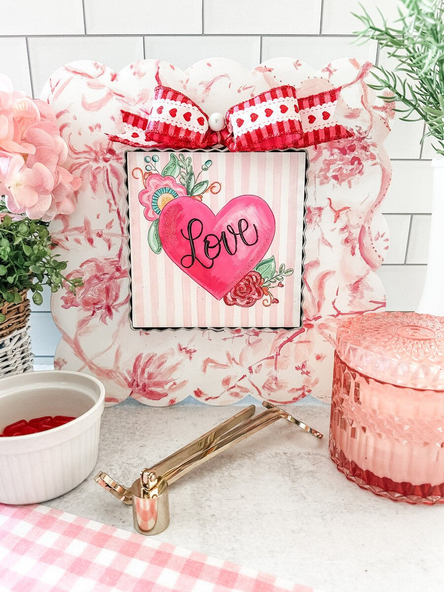 Thumbnail: 6" x 7" x 1" Round Top Collection hanger art, corrugated metal frame, pink heart with "love", Valentine decor