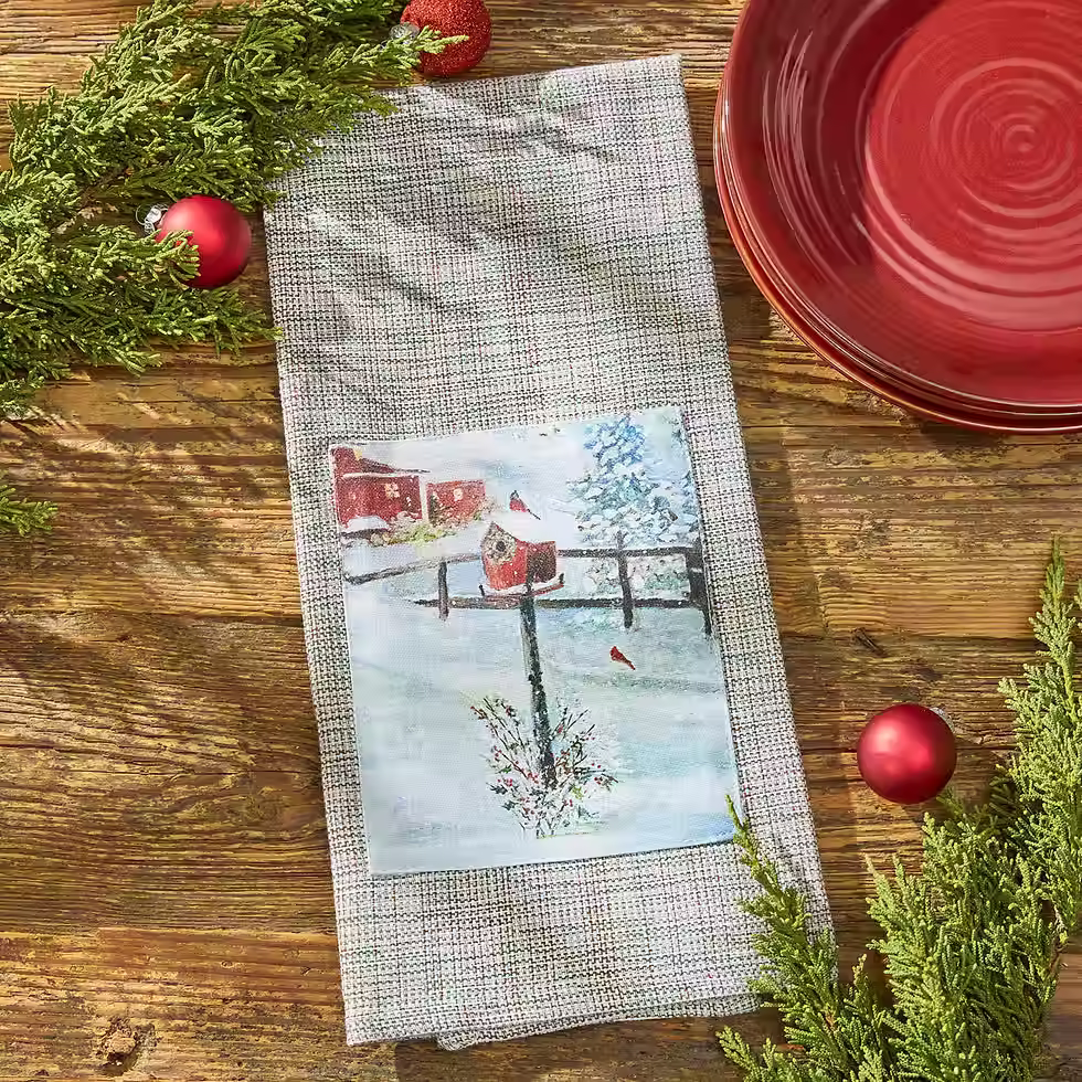 Tidings Of Joy Dishtowel, 18"x28", 100% cotton, gray, red & green micro plaid, patch printed w/ birdhouse & cardinals in snow