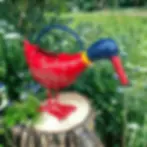 16"W X 3.75"L X 11"H metal watering can shaped like a duck, body painted in red bandana design, blue head & handle