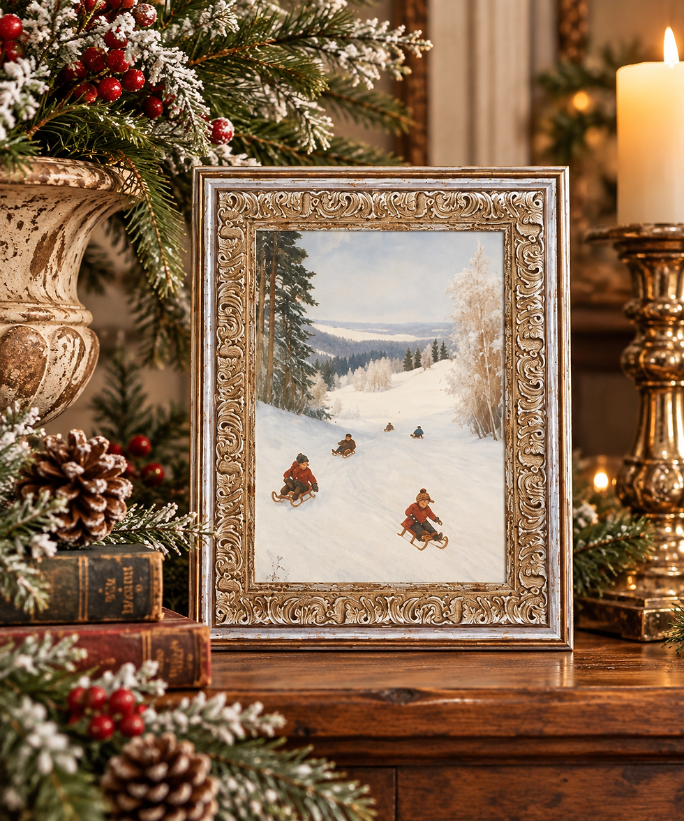 Children sledding winter artwork in a soft antique gold frame, 5 x 7 inch premium canvas Christmas décor.