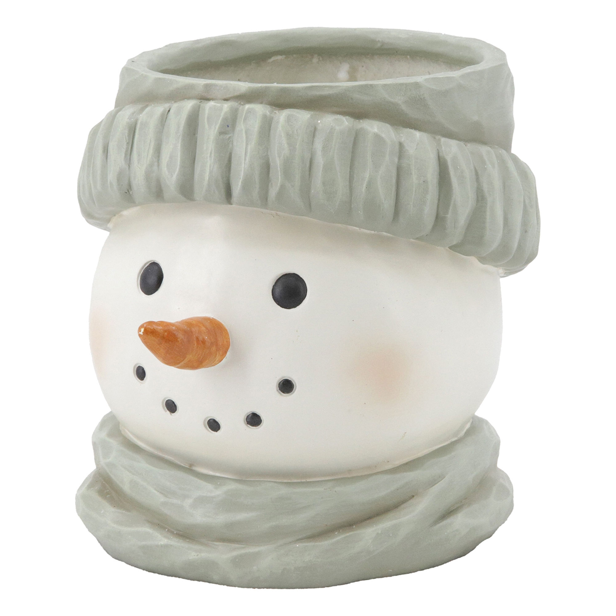 White resin snowman planter with carrot nose and soft sage green hat and scarf.