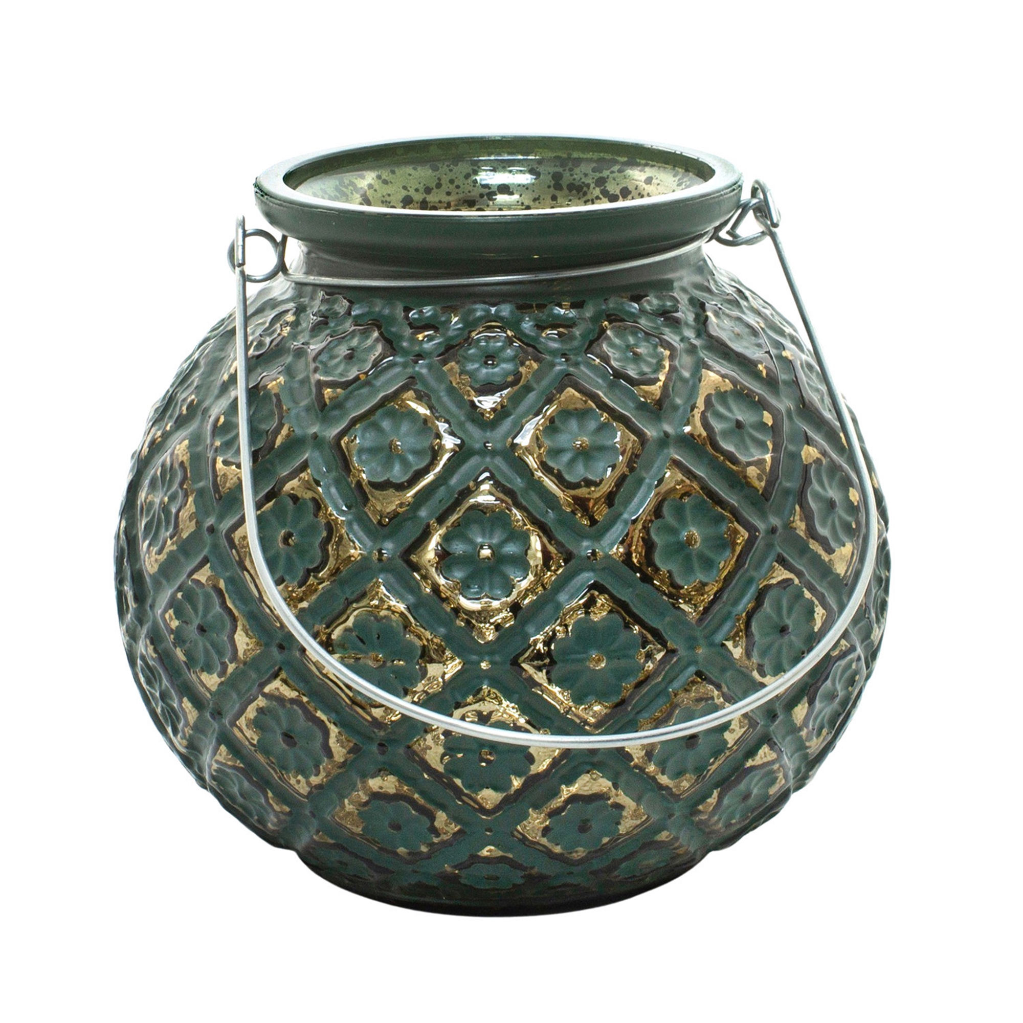 5.5" x 5.25" round glass pot with embossed floral & diamond pattern, bronze & dark green, silver wire handle