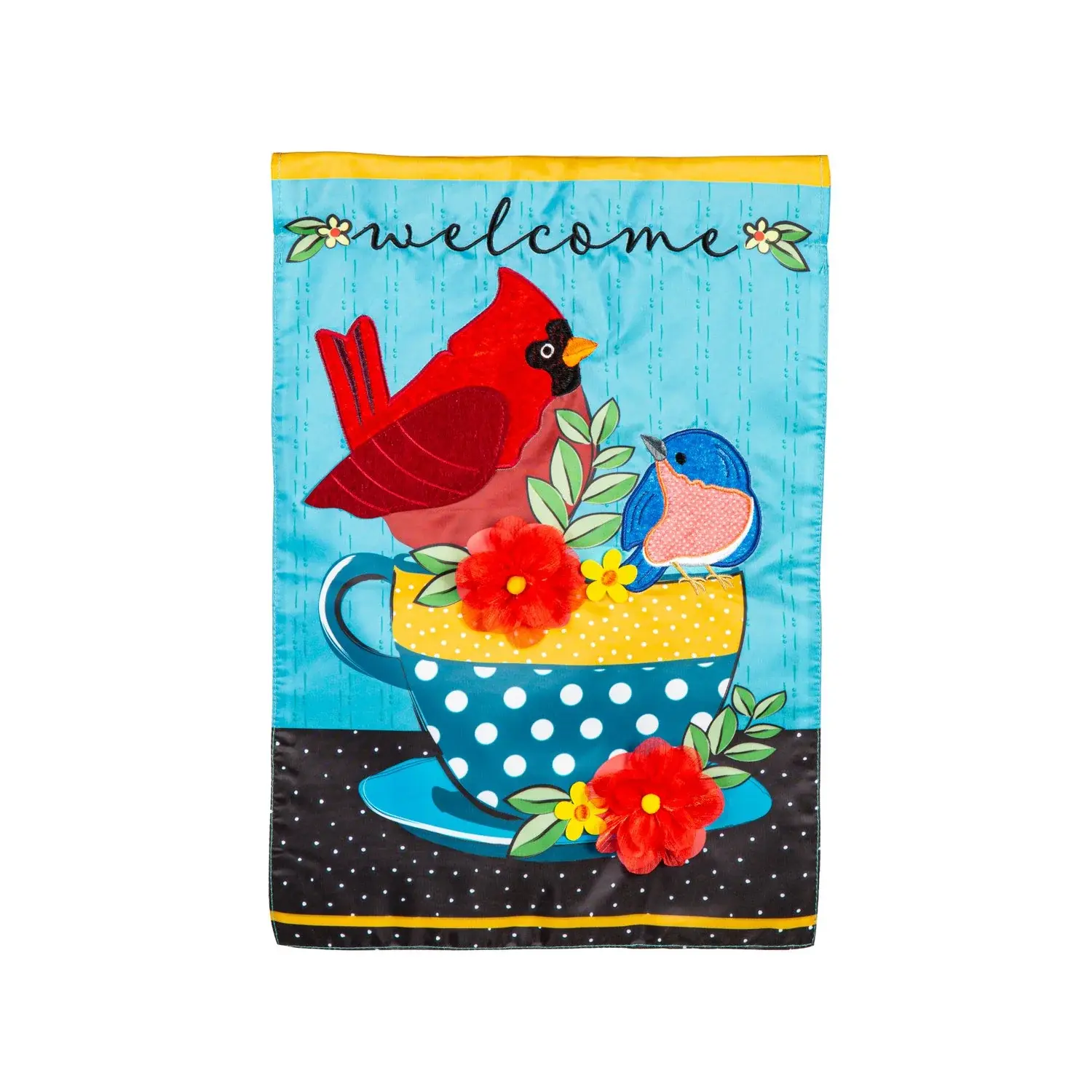 12.5” x 18” double sided, UV resistant garden flag, red bird & blue bird sitting in a tea cup