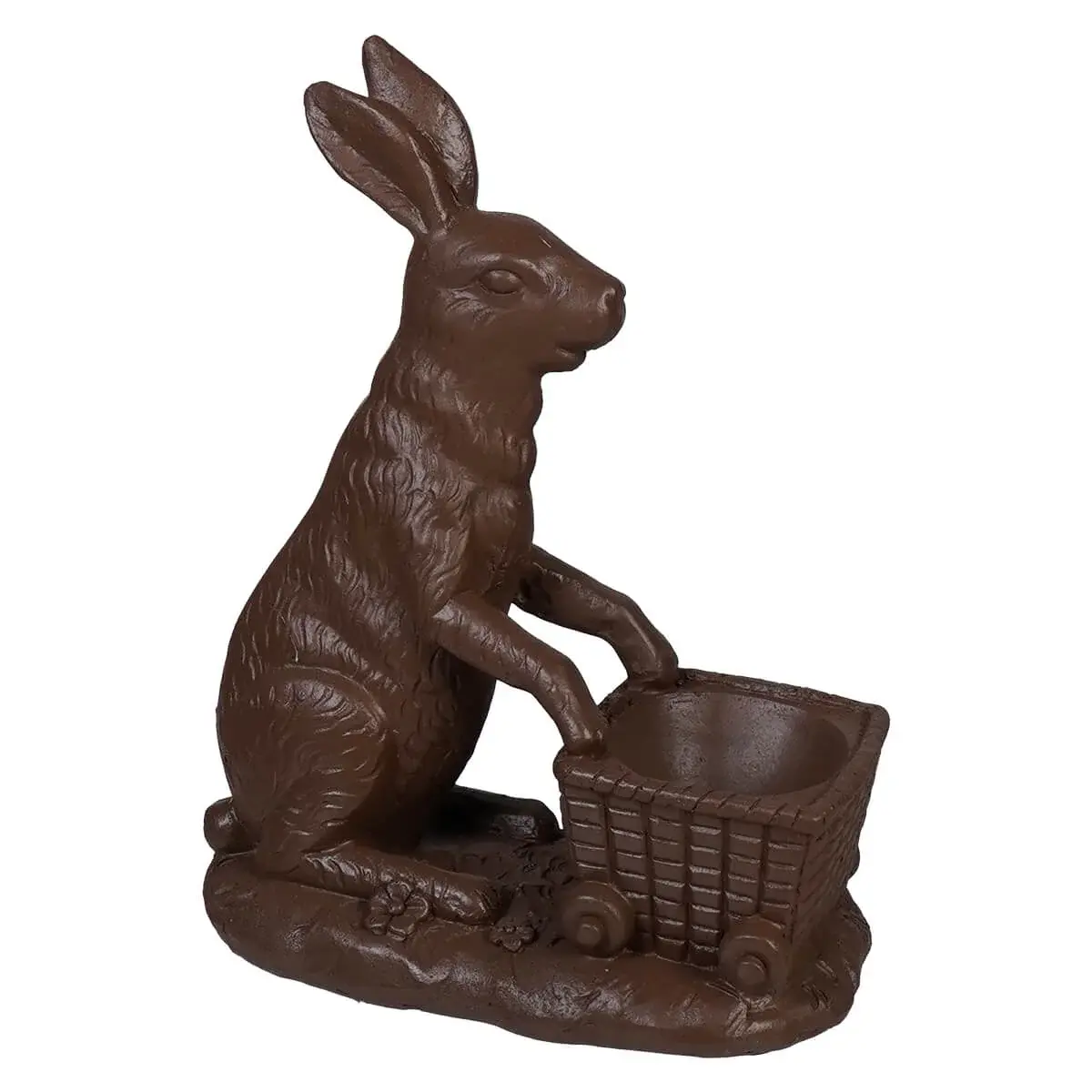 6.5" resin brown chocolate looking rabbit pushing an empty basket cart, fill with chicks or eggs for Easter decor