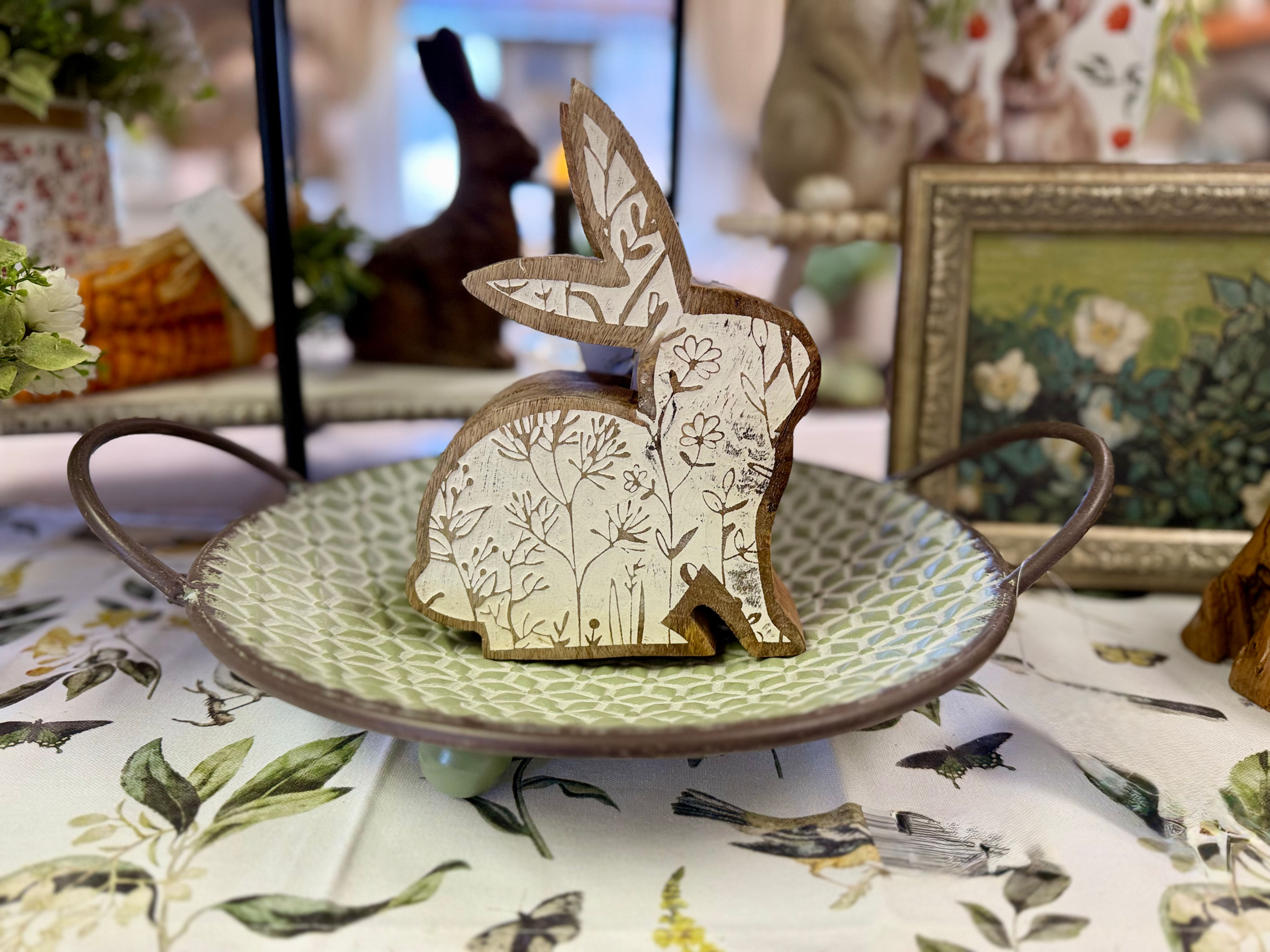 12" round cupped metal tray embossed with a repeating geometric star pattern, soft green & brown, metal handles & ball feet