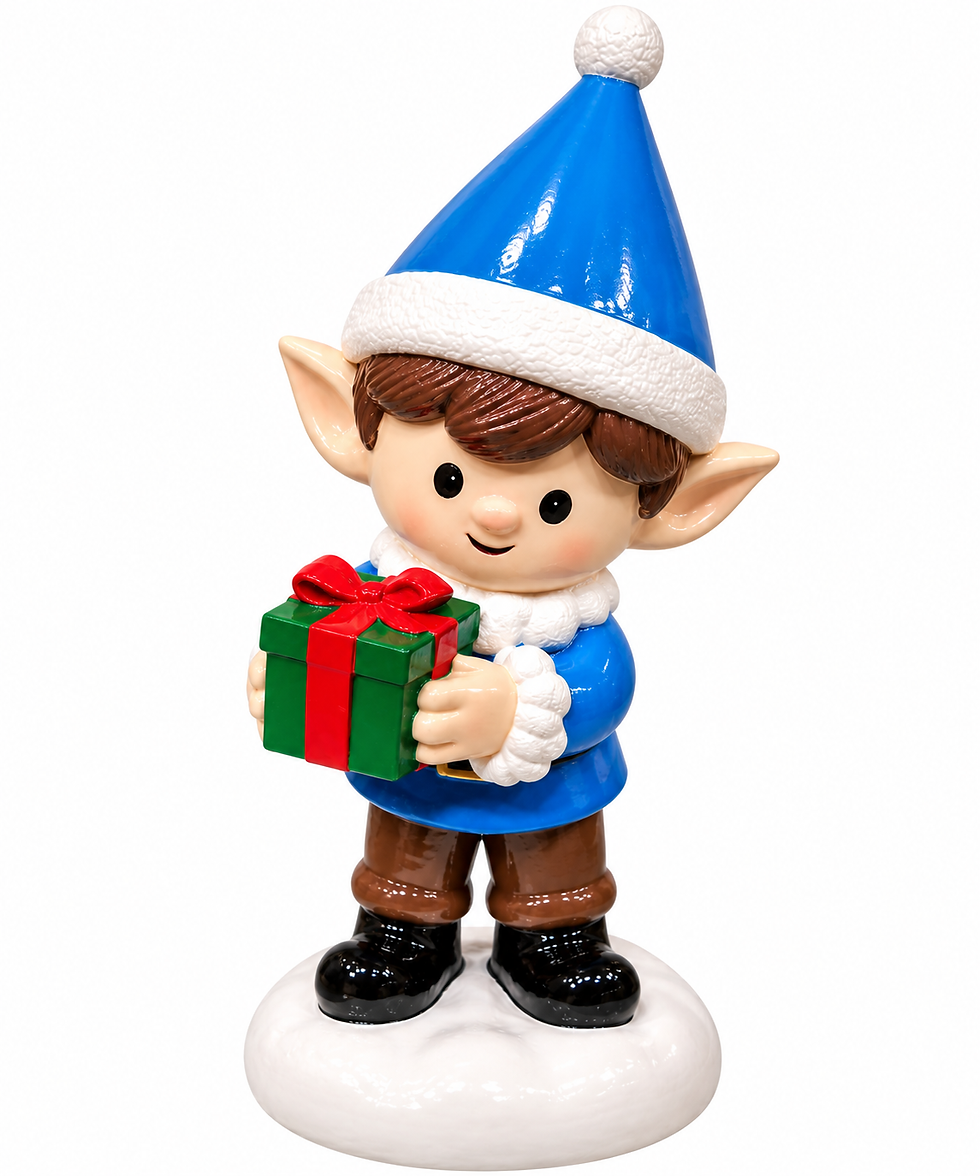 8 inch Christmas elf figurine with blue hat, blue coat and wrapped gift