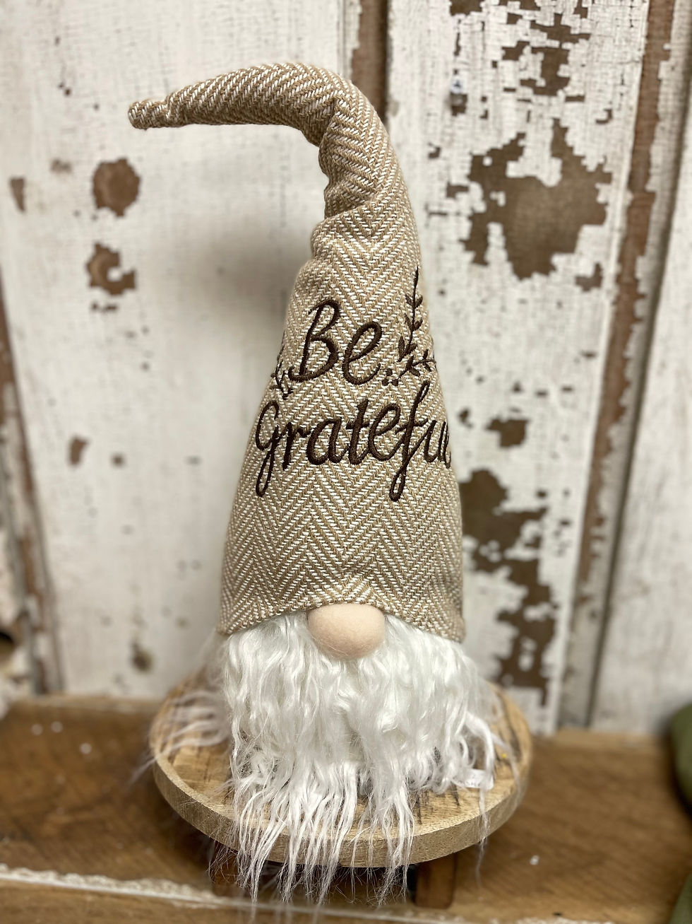 15" x 5" Fabric gnome for Fall and Thanksgiving, brown herringbone cap with "be grateful" embroidered in brown script