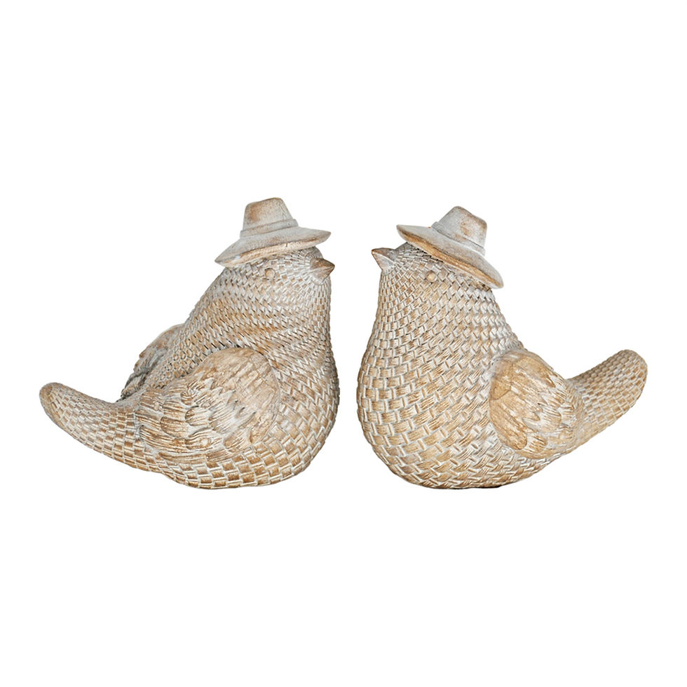 5.5" x 4" x 5" resin bird, basket weave texture, brown, wearing a small pilgrim hat, 2 assorted styles, price is for ONE bird