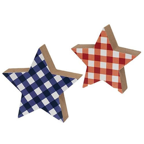 Set of 2 wooden free standing stars with blue gingham check on one and red gingham check on the other