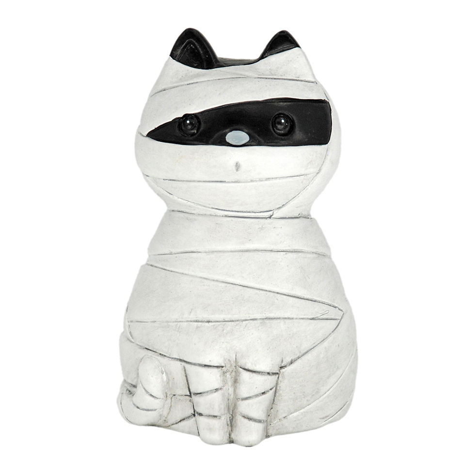 3" x 5" resin black cat wrapped in white bandages, looks like a mummy