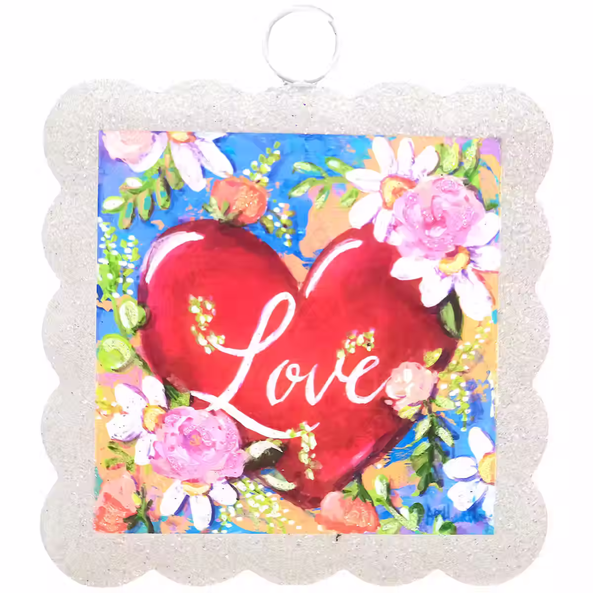 6" x 7" flat metal scalloped Round Top Collection hanger, red heart with script "Love" in white, use with Round Top base