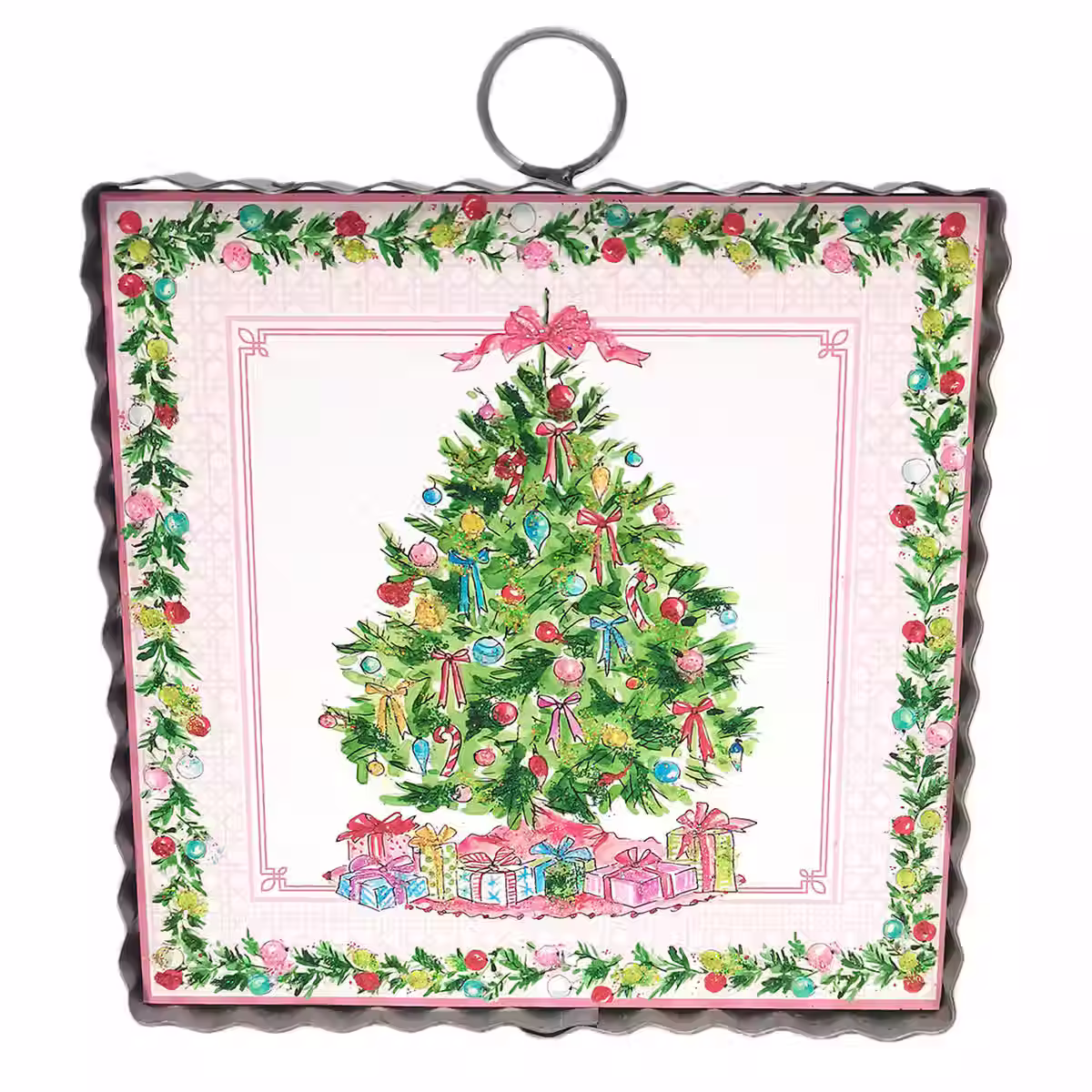 Round Top Collection Sweet Seasons Tree metal Christmas decor featuring a colorful decorated tree with gifts and pink accents