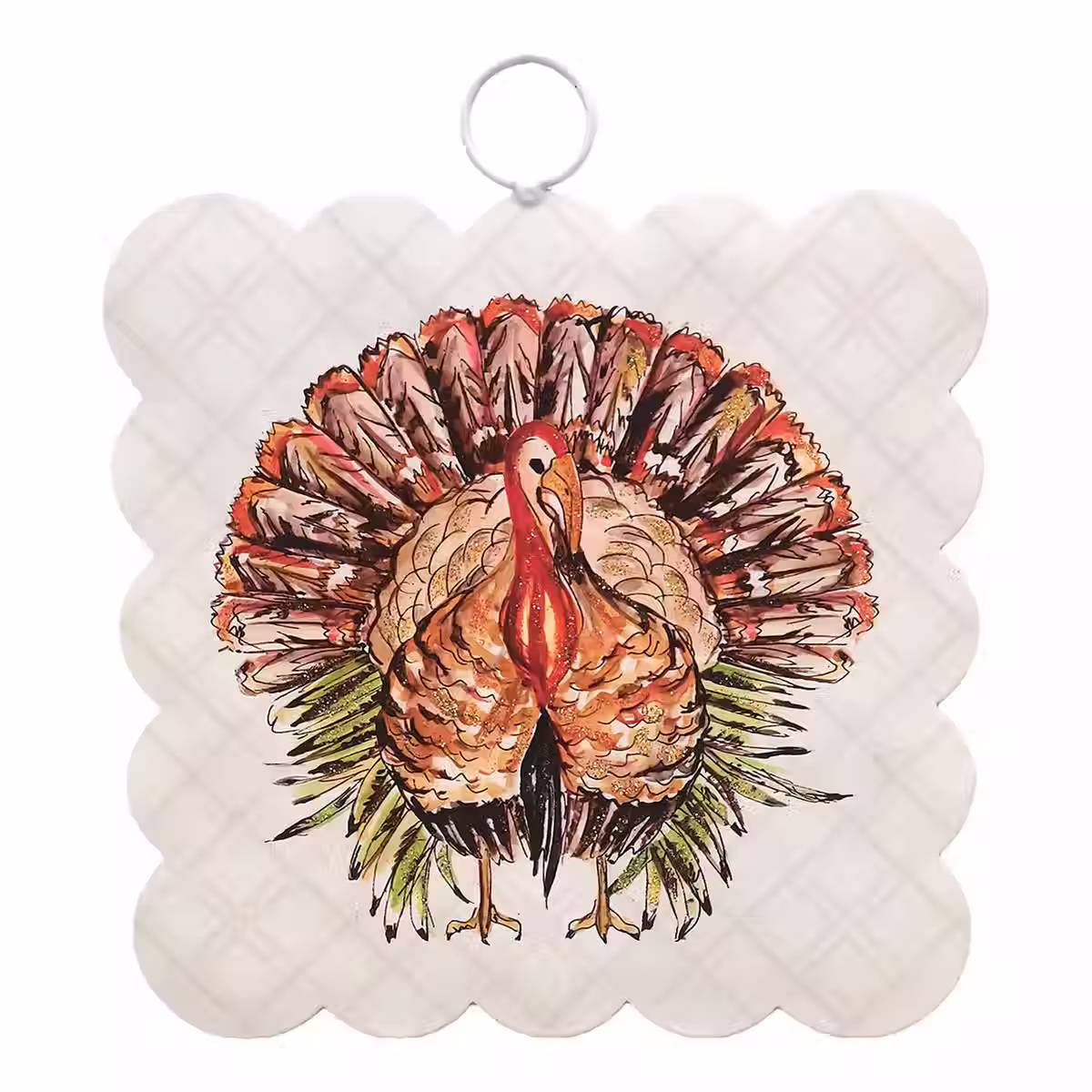 6" x .5" x 7" Round Top Collection square metal with scalloped edges printed with a turkey, loop on top for hanging