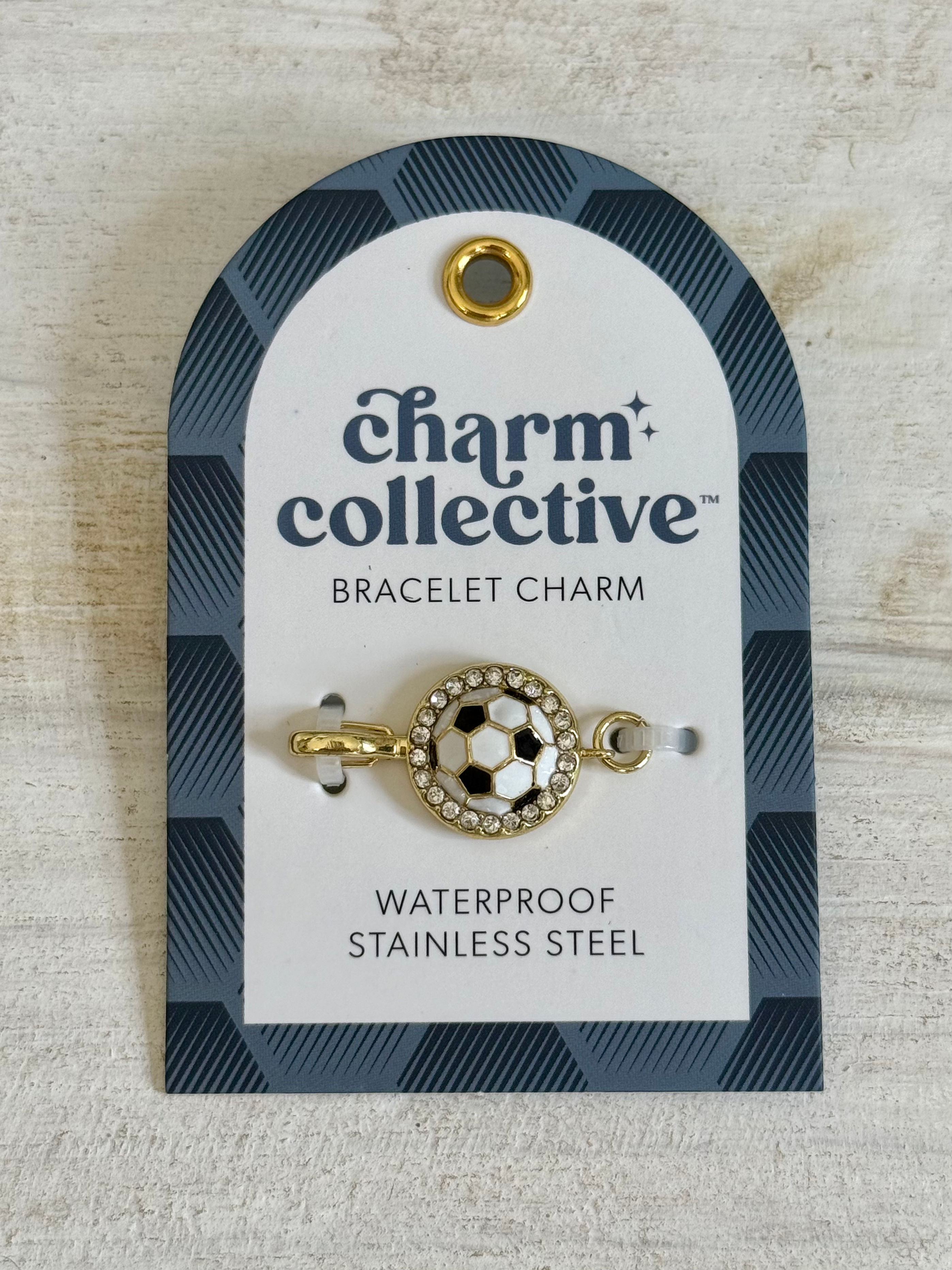 waterproof stainless steel bracelet charm of a soccer ball, use with the charm collective collection to build a bracelet