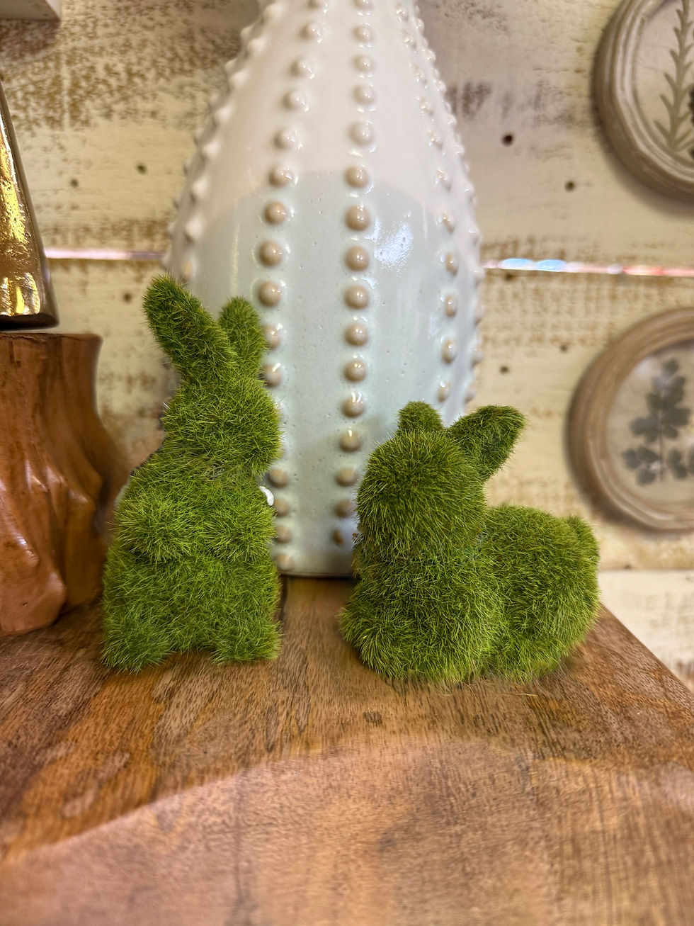 3" x 3" bunny rabbit covered in faux green fuzzy moss, in a laying down position