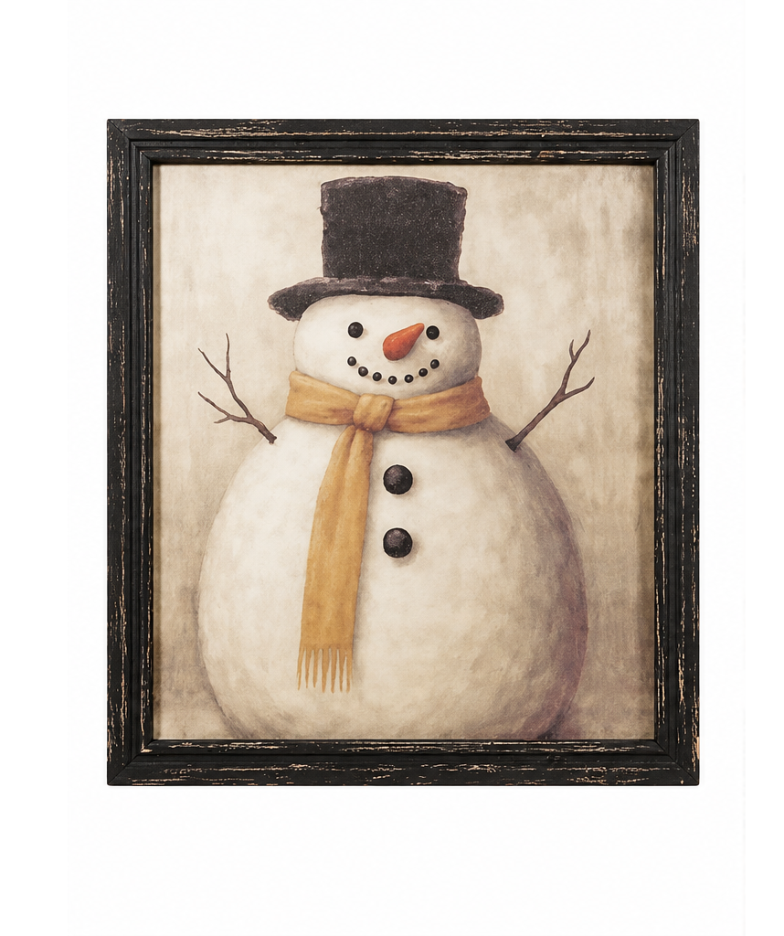 Vintage-style snowman print with black top hat and neutral scarf in a black wood frame.