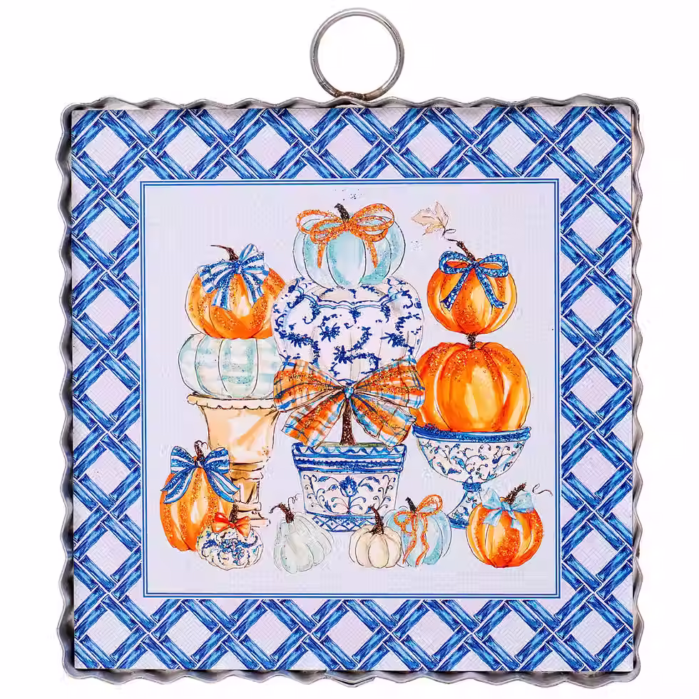 6" x 1" x 7" Round Top Collection print of a pumpkin topiary in blue pot, corrugated metal frame, ring on top for hanging