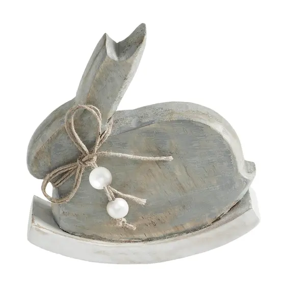 5" x 5" x 1.5" wood bunny cutout on rocker, painted distressed gray, jute bow with pearl beads on neck