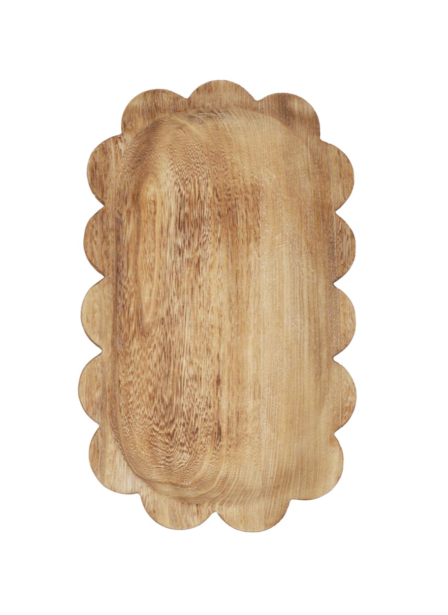 19" x 1.5" x 12" wood oval tray with scallops around edge, medium brown