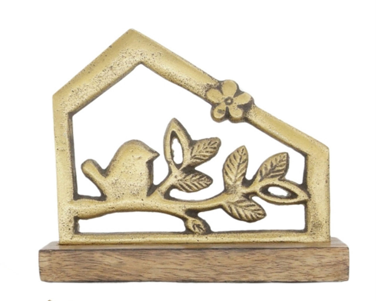 6" x 5.25" x 2" tabletop figurine, wood base, flat metal house outline with bird on a branch inside, burnished gold finish