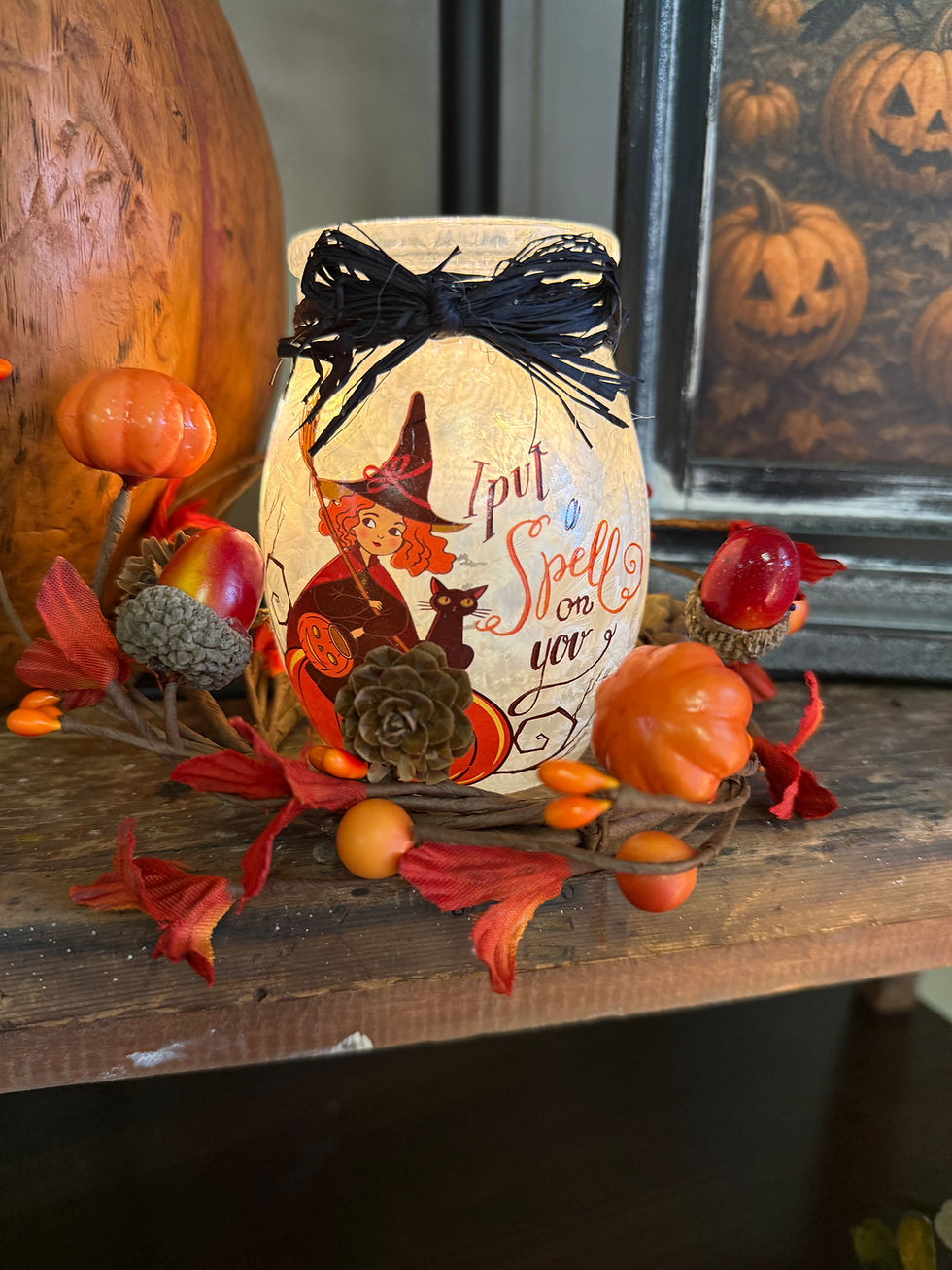 4" pre lit glass jar, witch on pumpkin design, Halloween decor, use included USB cord to plug in block or 2 AA batteries