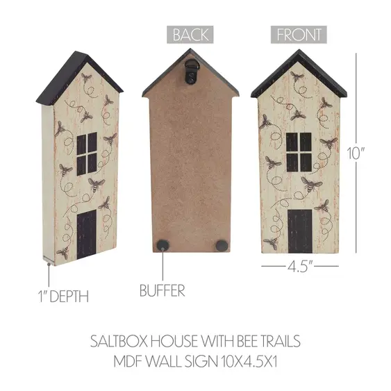 10" x 4.5" x 1" MDF house block, cream background with printed bees, door & windows, sits or hangs with back loops