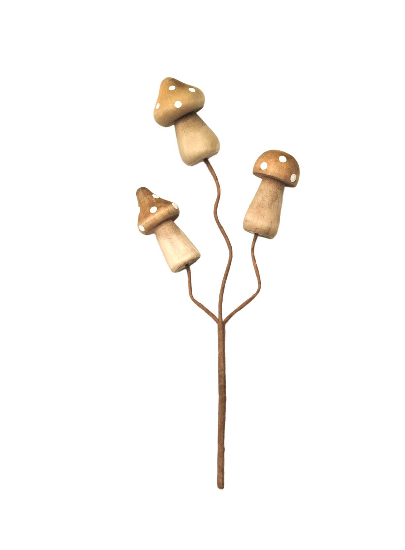 9" tall pick of 3 natural wood mushrooms with white dots on the cap