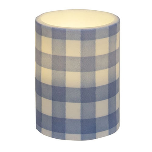 3" x 4"  pillar candle, blue & white gingham pattern, 6 hours on/18 hours off timer, 3-AAA batteries (not included)