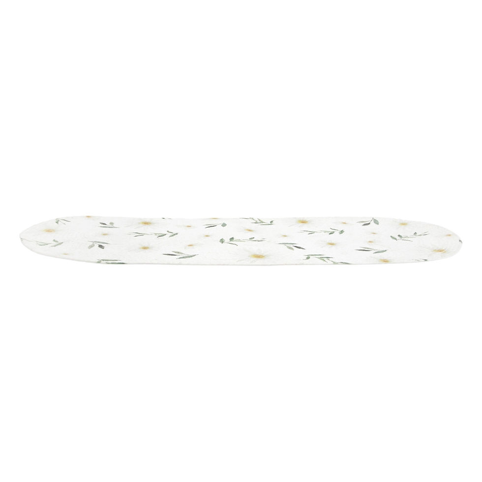 Thumbnail: 24" x 9.3" oval-shaped table runner, scattered pattern of small white daisies with yellow centers on white background