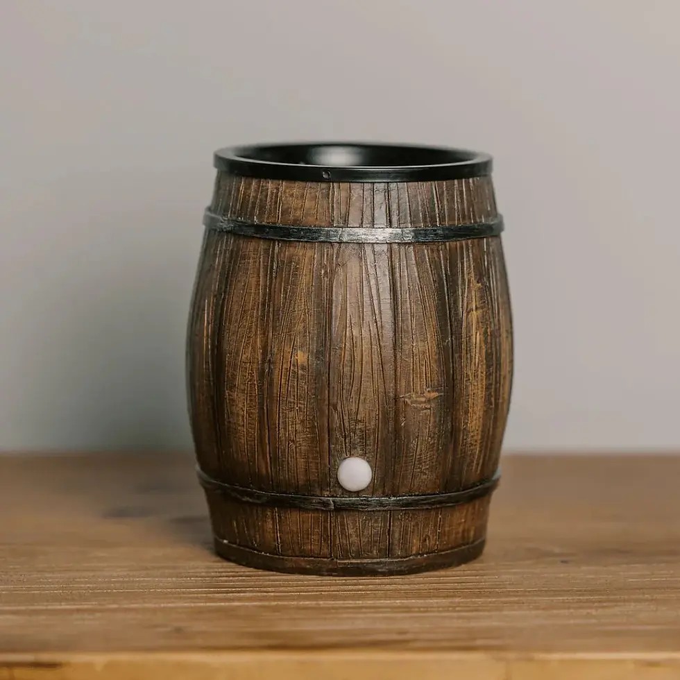ceramic bourbon barrel wax warmer, 4"W x 6"H, safety timer for 2, 4 or 6 hours, silicone wax warmer tray for easy removal