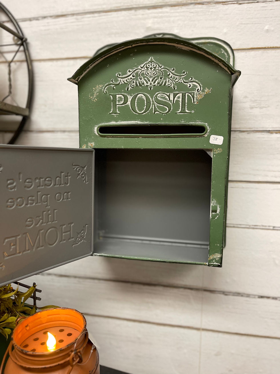 Thumbnail: 15.5”x10”x4” Green metal mailbox with mail slot and hinged front door