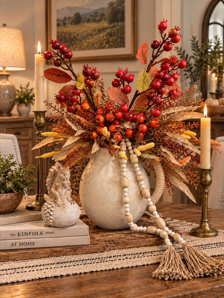Heirloom terracotta dahlias in stone pitcher on linen table.