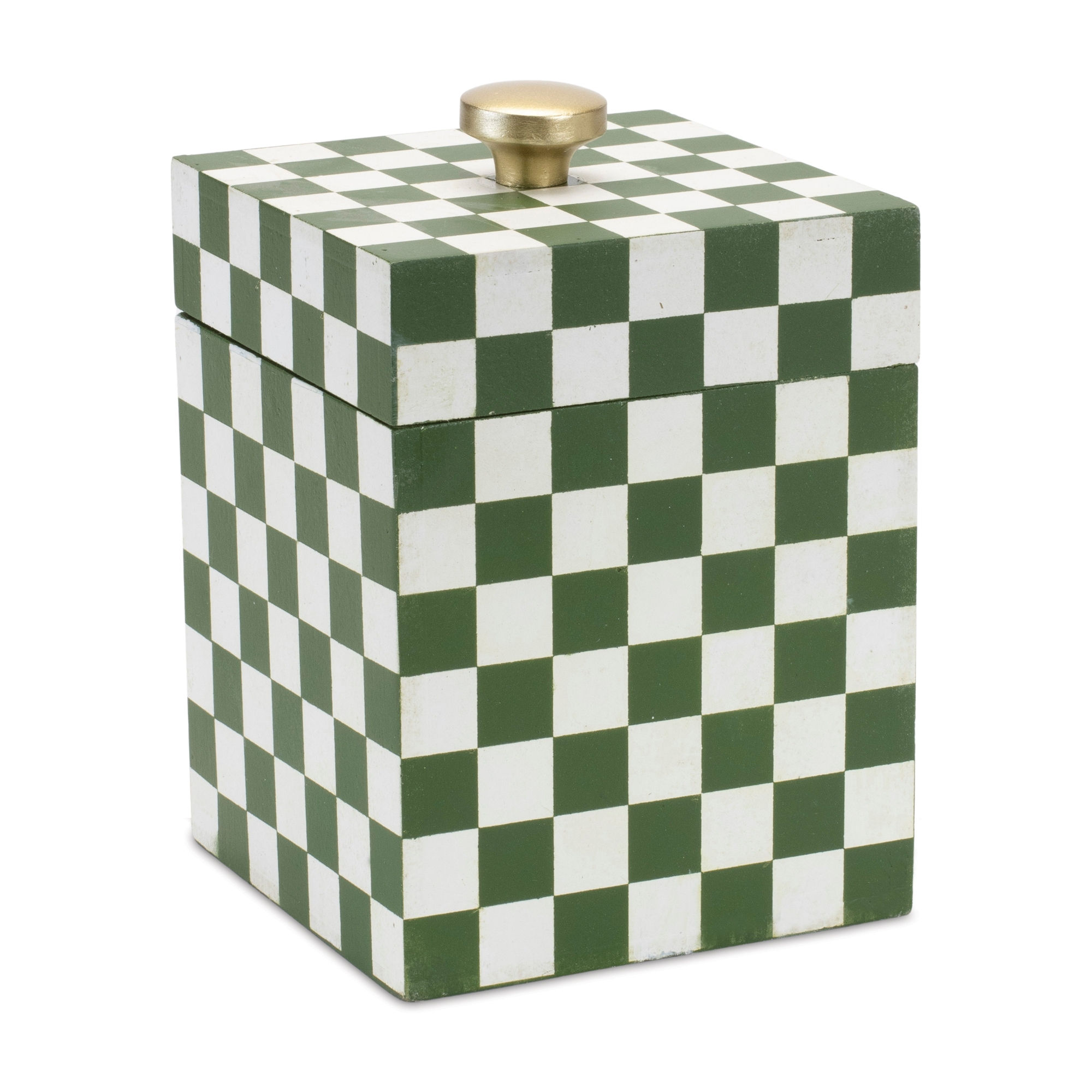 4.5" square x 5.5" tall wooden box with lid, green & white checkered pattern, gold knob on top