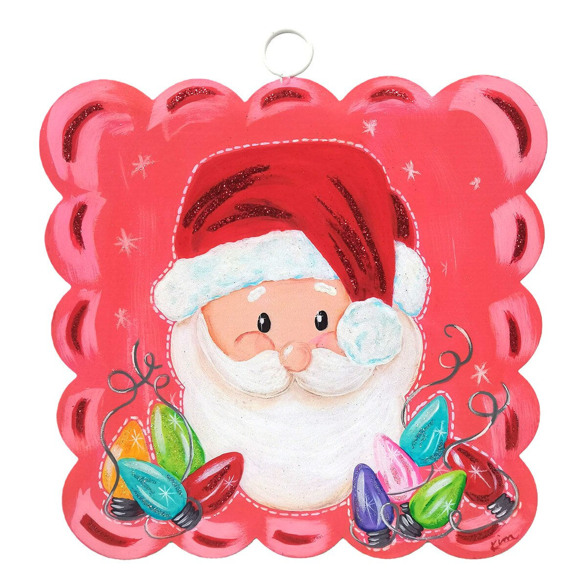 Large Scallop Art Santa All Tied Up by Round Top Collection featuring Santa, colorful Christmas lights & bright pink scallop