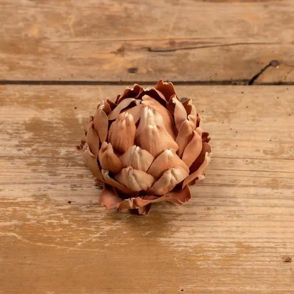 3.5" x 4.8" light brown artichoke head with peach highlights, fabric petals over a styrofoam base