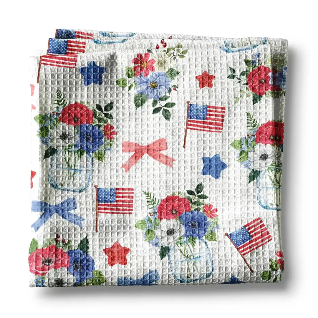 16”x 24” waffle weave kitchen towel, highly absorbent, 80% polyester & 20% polyamide, printed with patriotic images