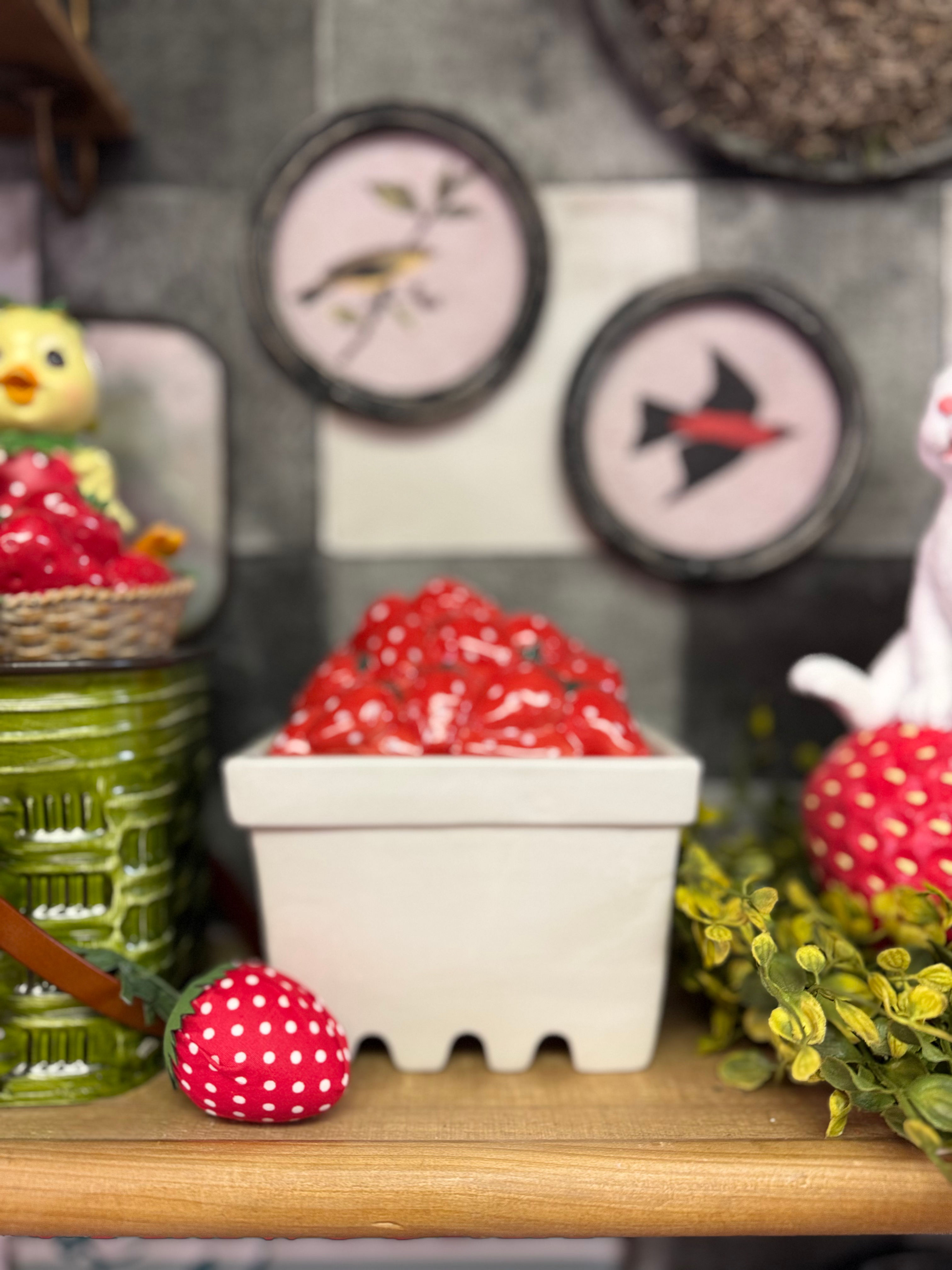 6" x 6" x 5" ceramic strawberries in strawberry box, strawberries are the lid