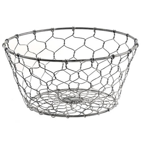 9.5” diameter x 4.75” tall weathered metal basket with a metal framework that is wrapped in chicken wire