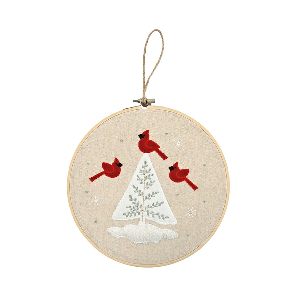 9.5" diameter wood hoop framing natural canvas embroidered with a tree and 3 red cardinals.