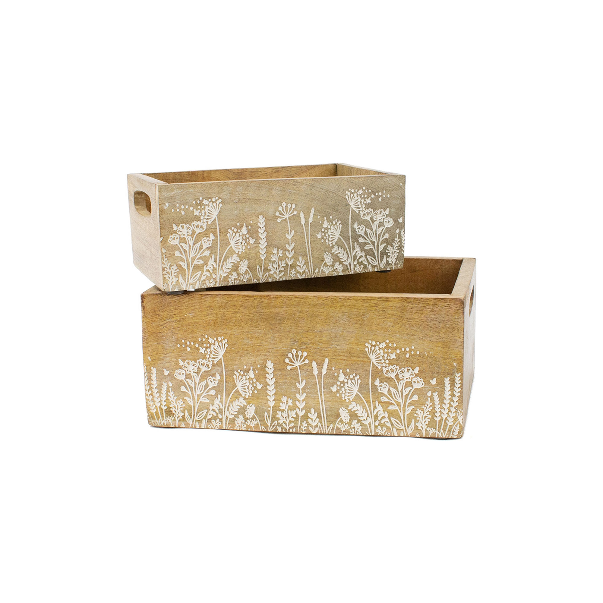 9.5”x 6.5”x 4” & 8”x5.25”x3” set of 2 wood boxes with carved floral details that are white